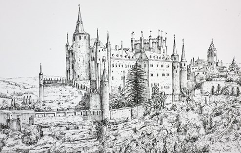 Alcázar de Segovia (Sketch) by Phillip Bissell - Original Drawing on Mounted Paper